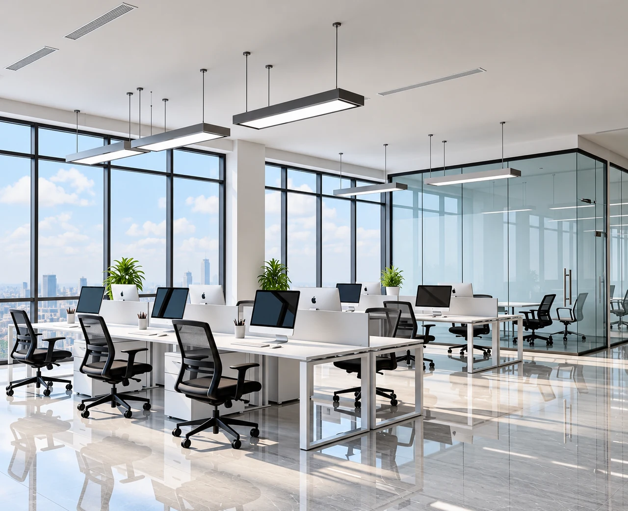 Bureau professionnel lumineux avec postes de travail