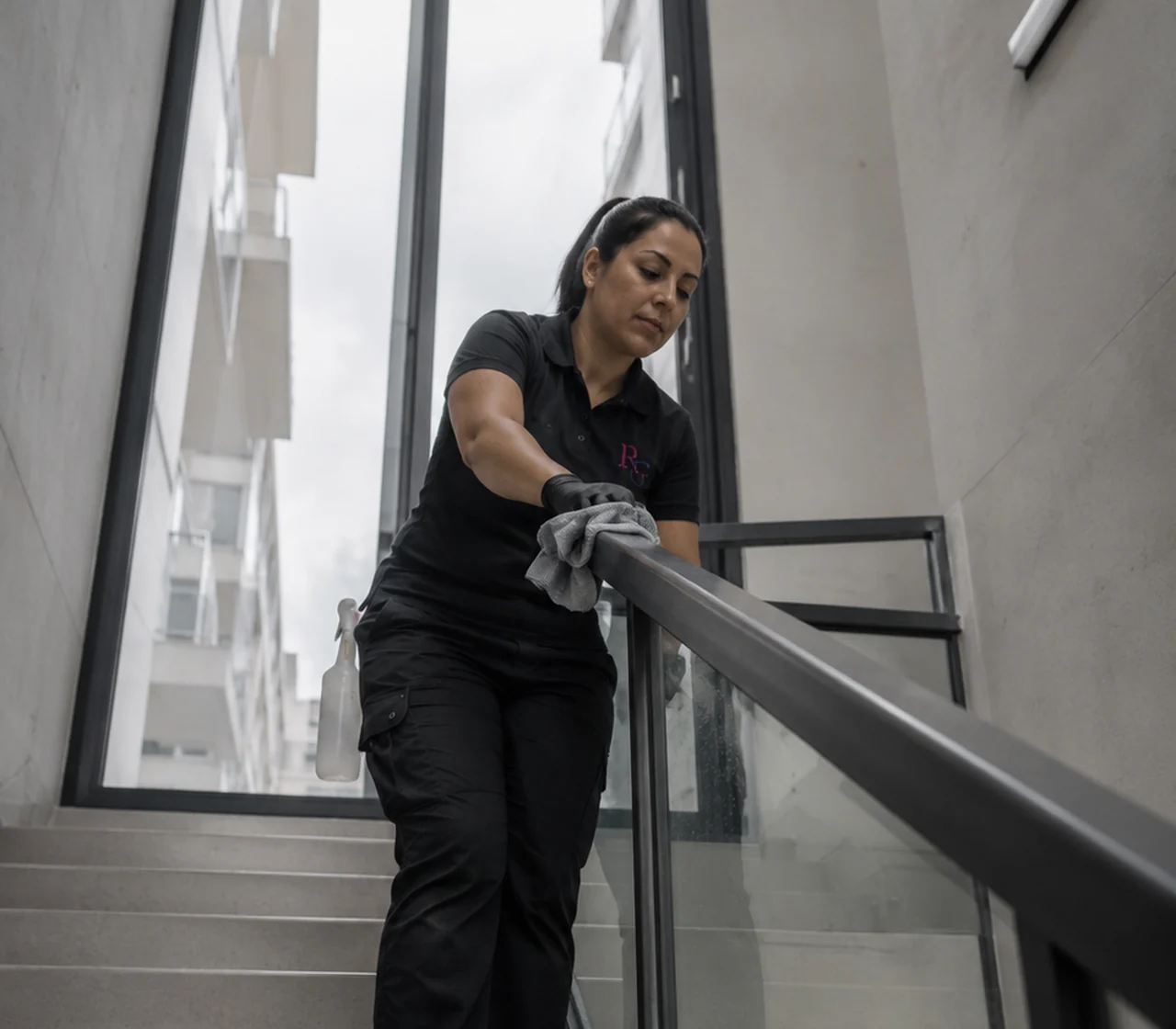 Agente de nettoyage entretenant la cage d’escalier d’un immeuble