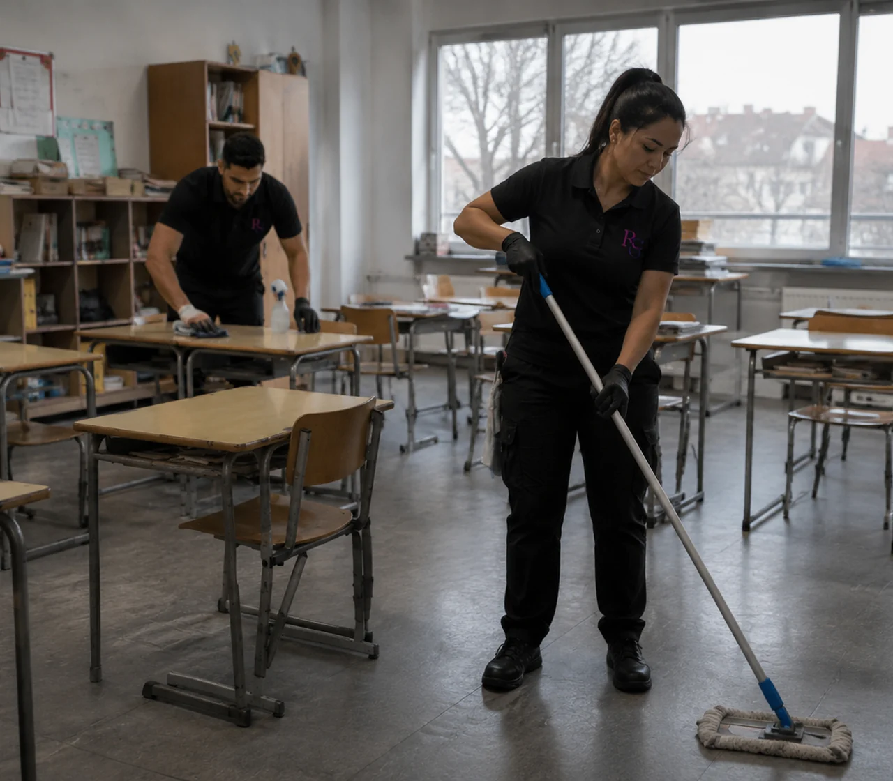 Équipe de nettoyage entretenant une salle de classe