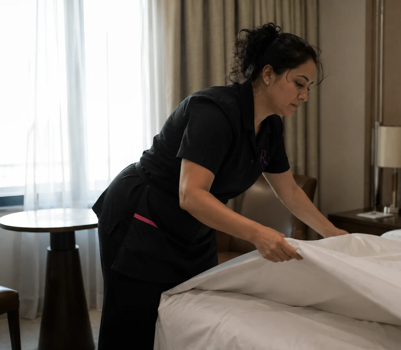 Femme de chambre préparant un lit dans une chambre d’hôtel